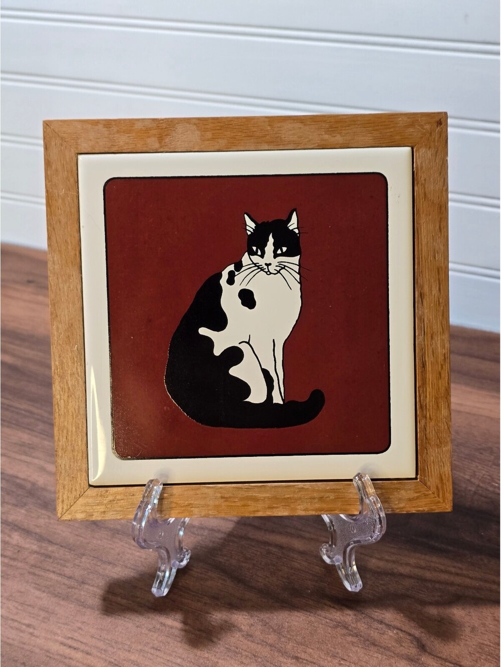 Vintage Ceramic Tile with Black and White Cat Illustration in Wooden Frame